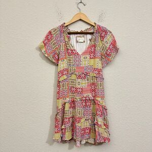 ANTHROPOLOGIE Robin Tiered Mini Dress Patchwork Short Sleeve Bohemian